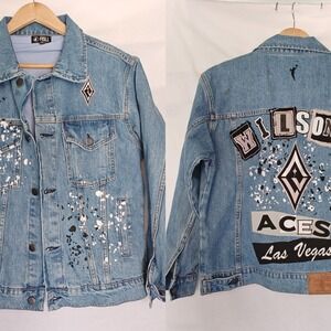 Fisll Denim Jean Jacket Aja Wilson Graffiti Paint Splatter Las Vegas Aces WNBA M